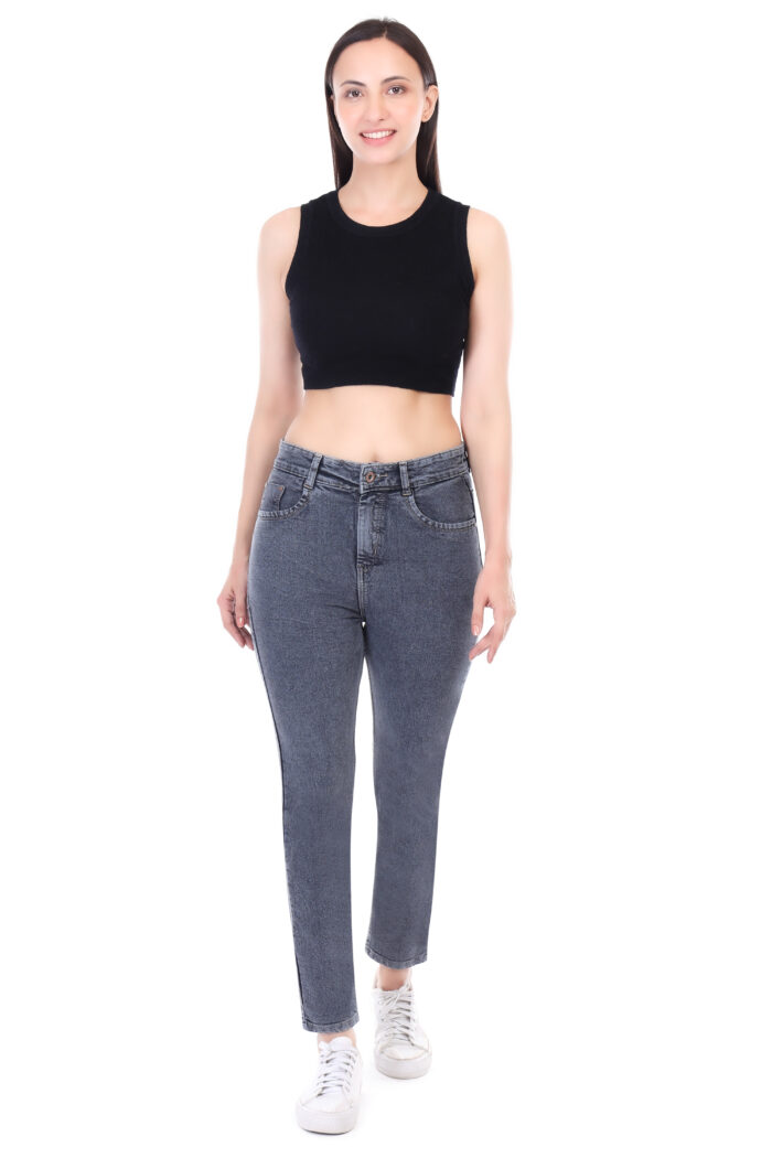 Women Mom Fit High Rise Grey Jeans - Image 6